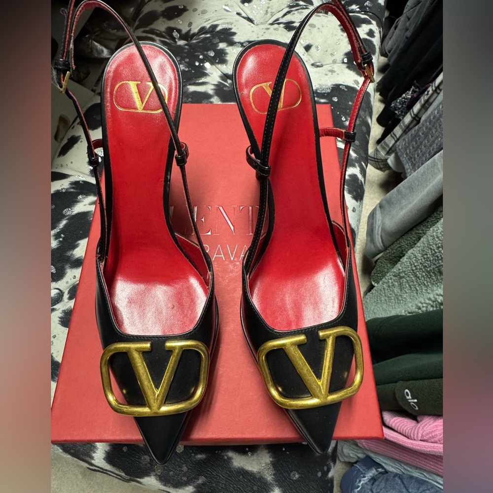Valentino Black Leather Slingback Platform Pumps with Gold Vlogo size 39